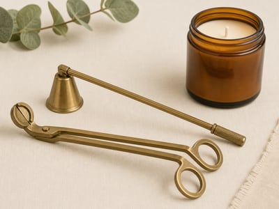Brass wick trimmer and candle snuffer with an amber jar candle