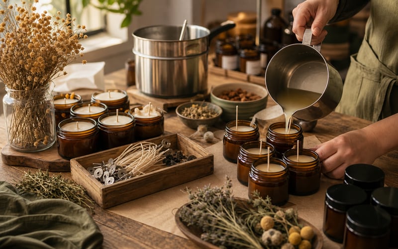 Candle maker pouring wax into amber jars at a warm studio workbench