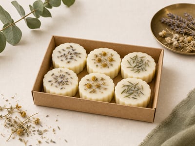 Botanical cream wax melts in a kraft tray