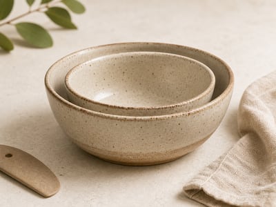 Two handmade speckled ceramic nesting bowls