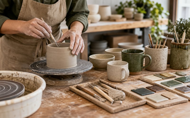Ceramicist trimming a clay vessel in a bright studio with mugs and glaze tiles
