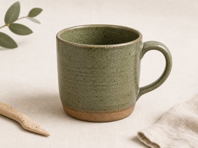Handmade sage green speckled ceramic mug on an ivory surface